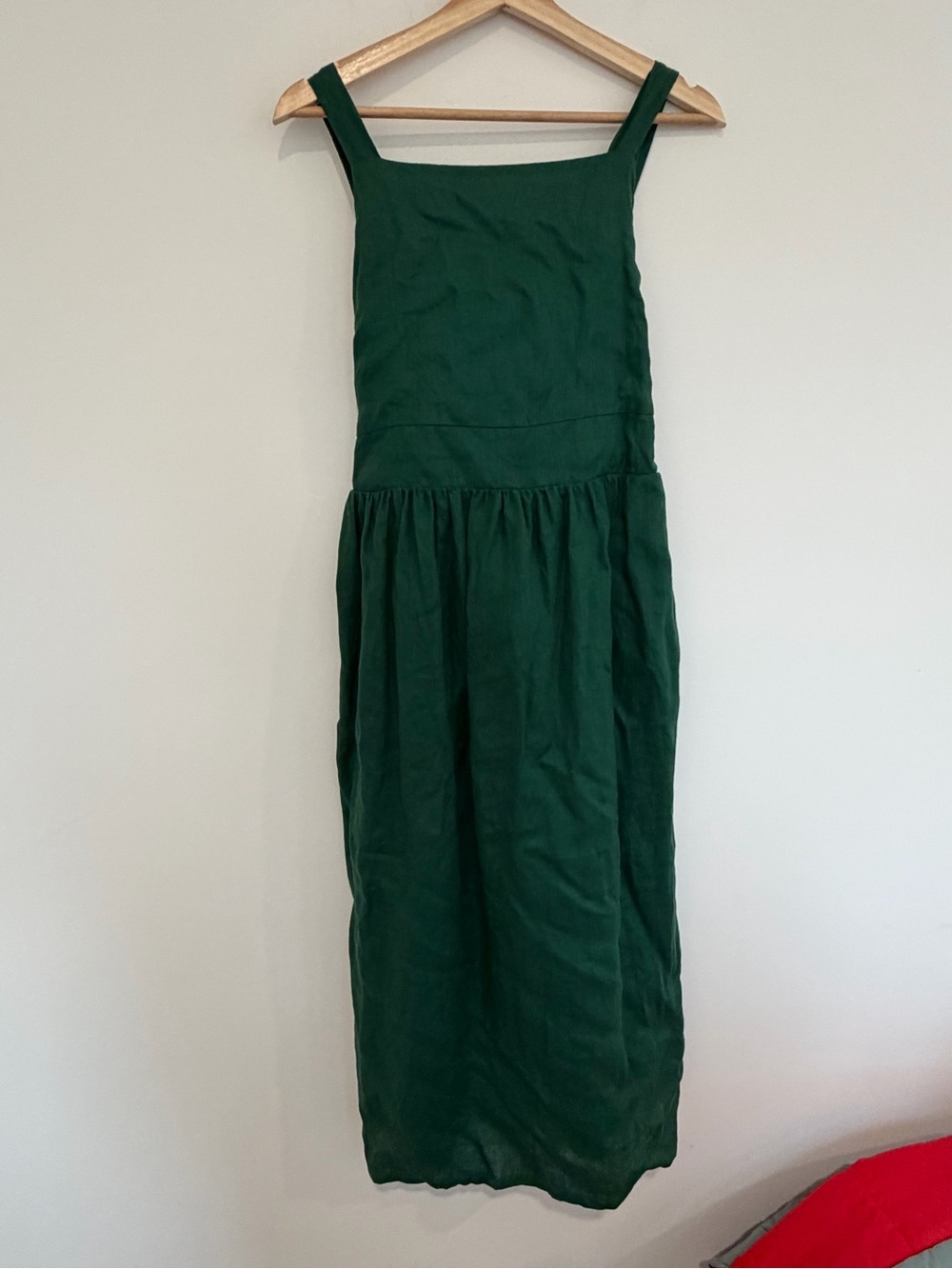 Square-Neck Dark Green Midi Dress 100% linen waist tie smocked back